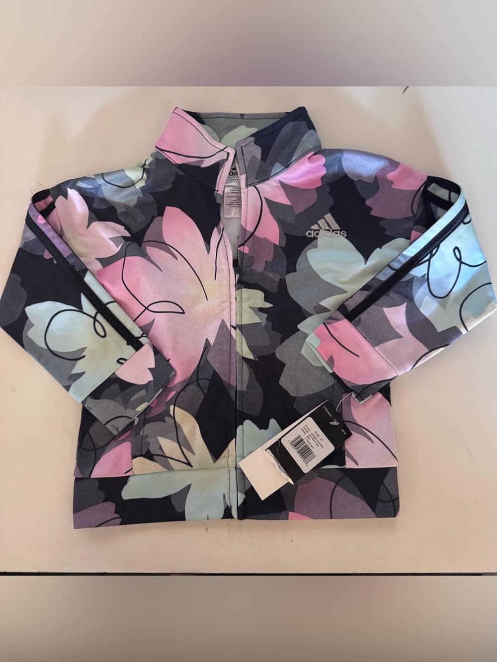 adidas Girls Floral Zip Jacket in Pink, Black & Light Blue